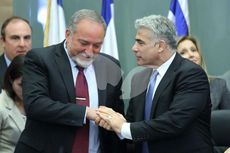 MK’s Avigdor Liberman of Israel Beytenu Party and Yair Lapid of Yesh Atid Party.