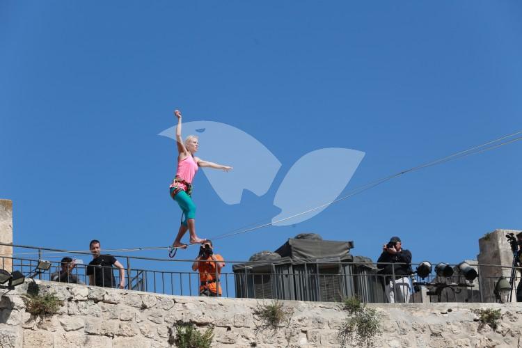 Heather Larsen Slacklining on Tower of David, 2.5.16