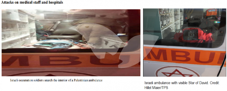 Left: Caption From Palestinian Ministry of Health Report; Right: Israeli Ambulance with Visible Star of David