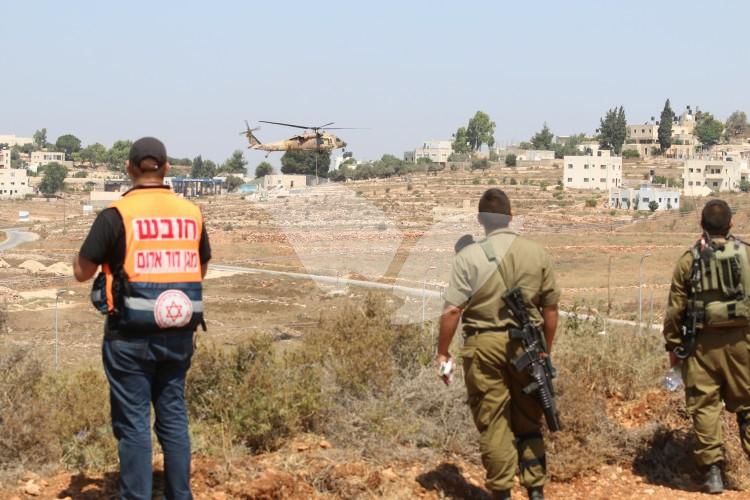 A drill of casualties evacuation by helicopter