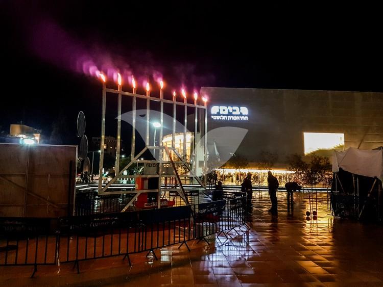 a large chanukia for the Jewish holiday of Hanukkah, on Habima square in Tel Aviv