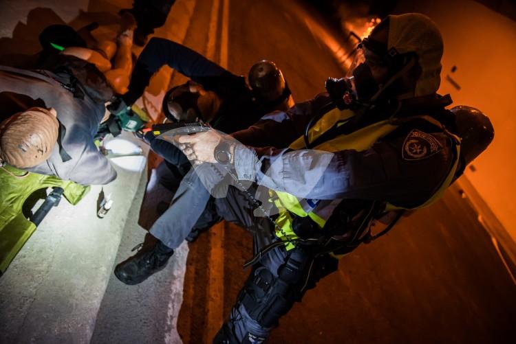 Police, firefighting teams and emergency services train for rescuing hostages from burning bus. Highway 1 Harel Tunnel, Jerusalem