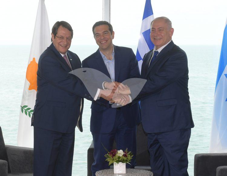 Prime Minister Benjamin Netanyahu, Greek prime minister Alexis Tsipras and Cyprus President Nicos Anastasiades