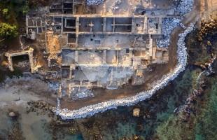 Aerial view of the work in the Caesarea harbor.