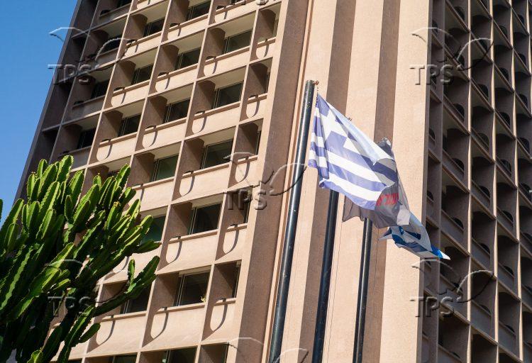 The Greek flag in front of the Greek embassy in Tel Aviv.