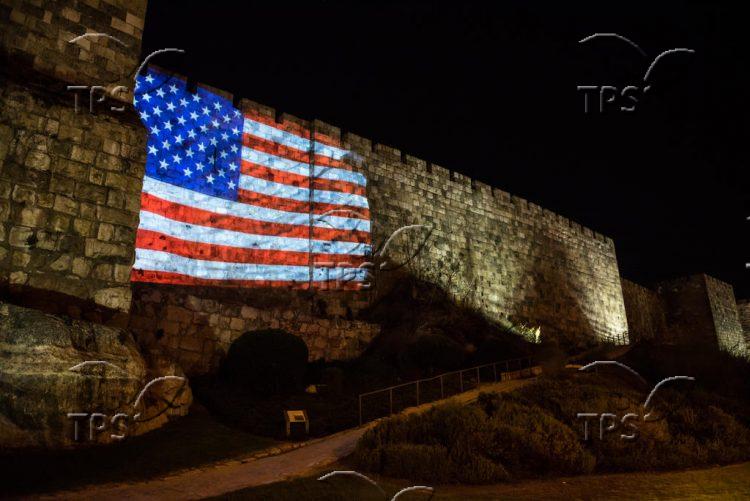 US flag is screened on the walls of Jerusalem’s Old City