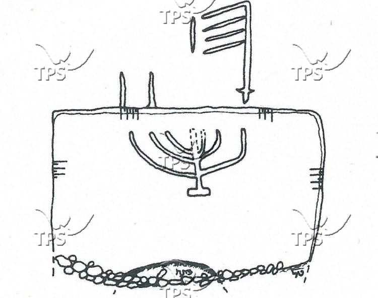 drawing of the facade of the menorah’s tomb at Mukhmas (from the archive of the Unit of Staff Officer for Archaeology in Judea and Samaria)