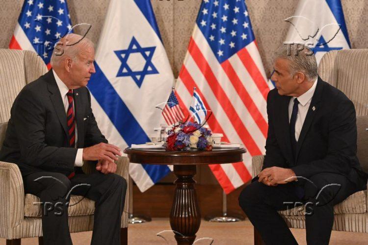 Photos of Prime Minister Yair Lapid with President of the United States Joe Biden at the start of their private meetingCreditKobiGideon