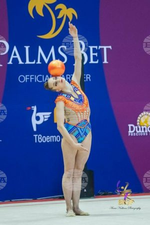 Boryana Kalein with her golden ball (Bulgarian Rhythmic Gymnastics Federation Photo)